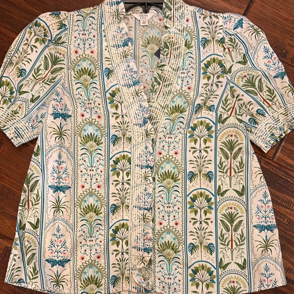 crown & ivy Cream Blouse with Green and Blue Floral Stripe Print